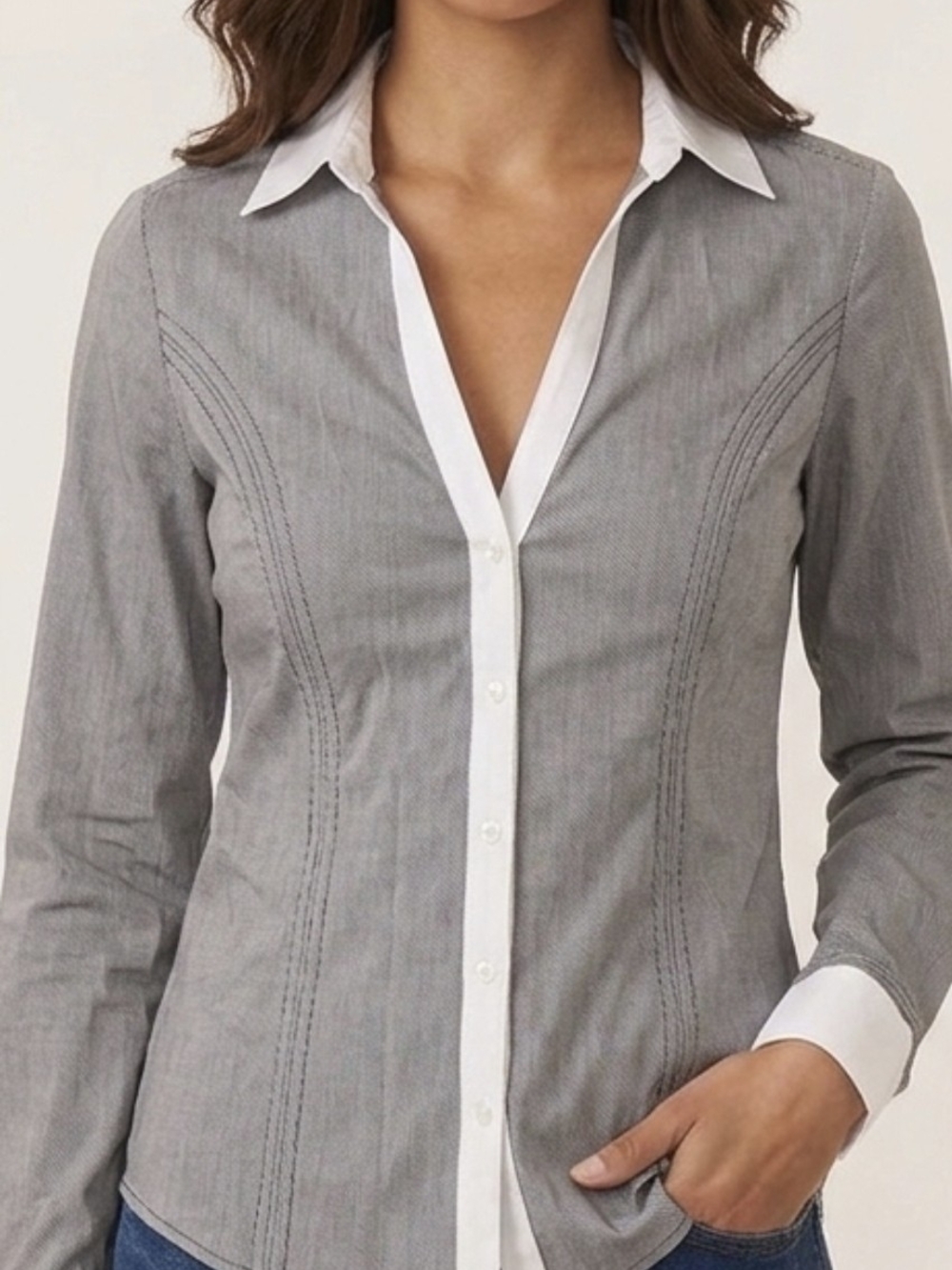 Express Gray Button-Down Shirt with White Trim